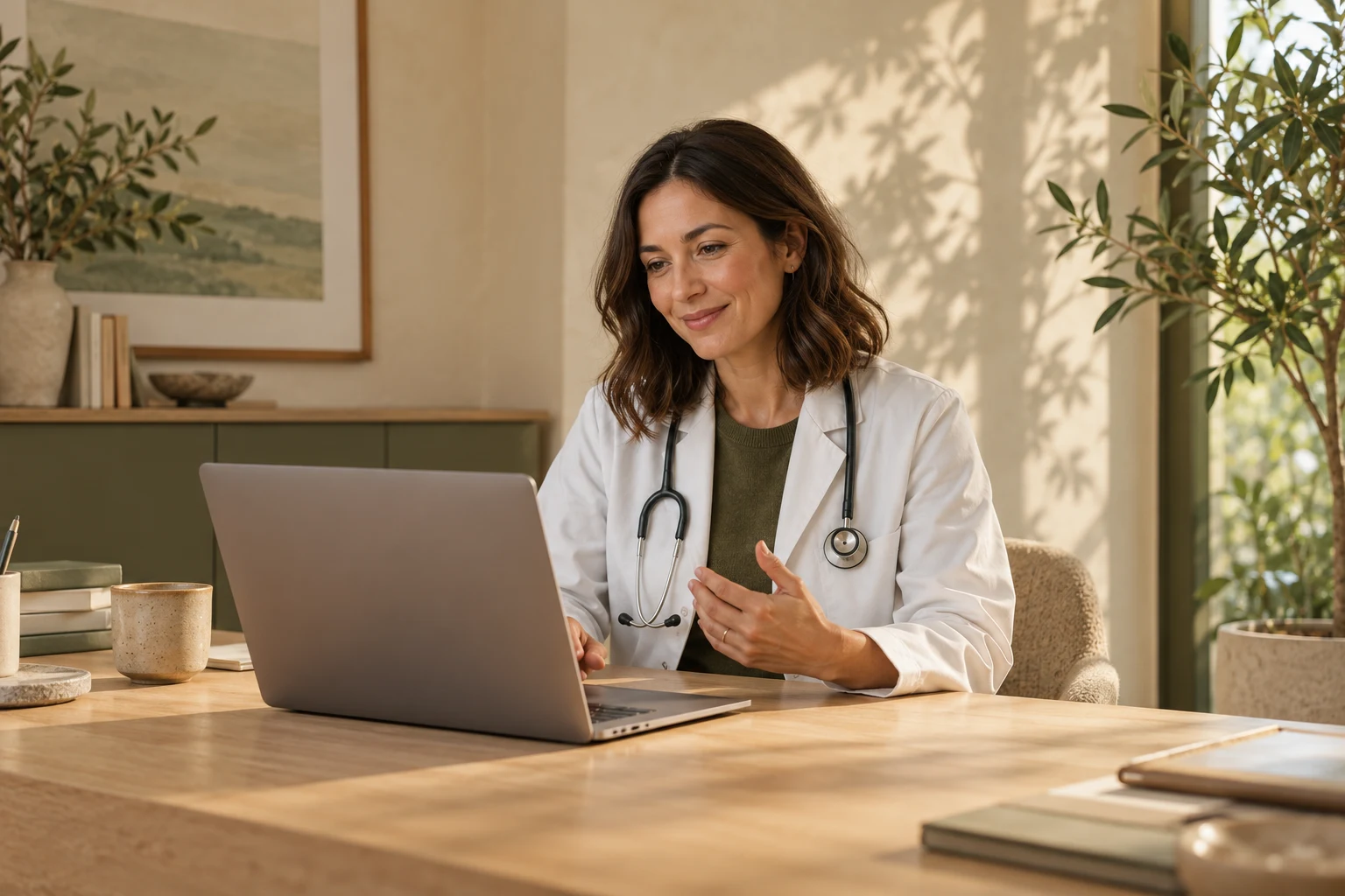 Doctor having a virtual consultation from a calm, sunlit clinic